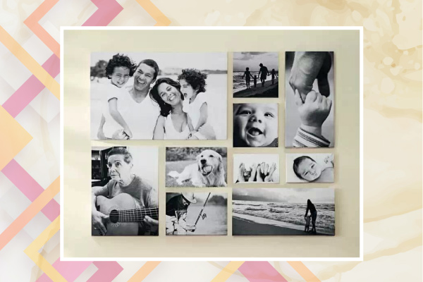Photos collages look stylish in large frames with a wide mat
